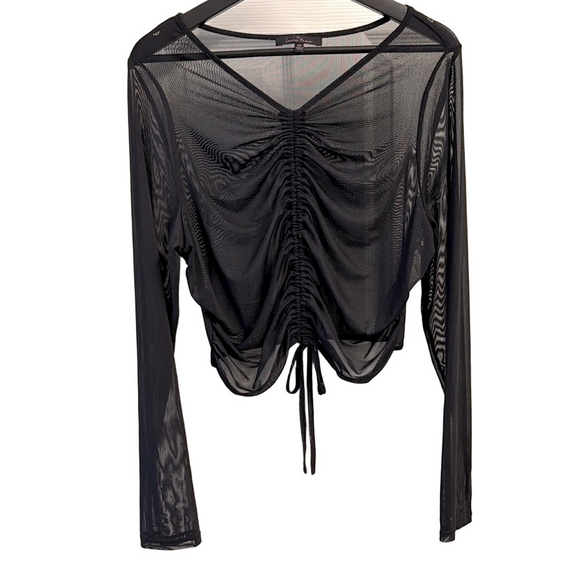 Love Tree Sheer Black Ruched Long Sleeve Adjustable Tie Front Crop Top Plus 3X - Picture 4 of 12